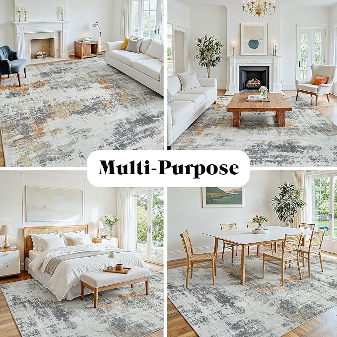 10x14 Area Rugs for Living Room: Washable Soft Grey Abstract Bedroom Carpet | Non-Slip TPE & Stain Resistant,0.25" Low-Pile,Kids Pet Friendly Modern Decor for Dining Room Farmhouse Office, Non-Shedding