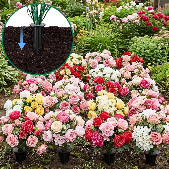4 Pcs Memorial Artificial Flower Holder, Patio Garden Floral Ground Spikes, Cemetery Flower Container Stakes for Outdoor Yard Grave Faux Flowers Indoor Window Box Planter Pot (Black)
