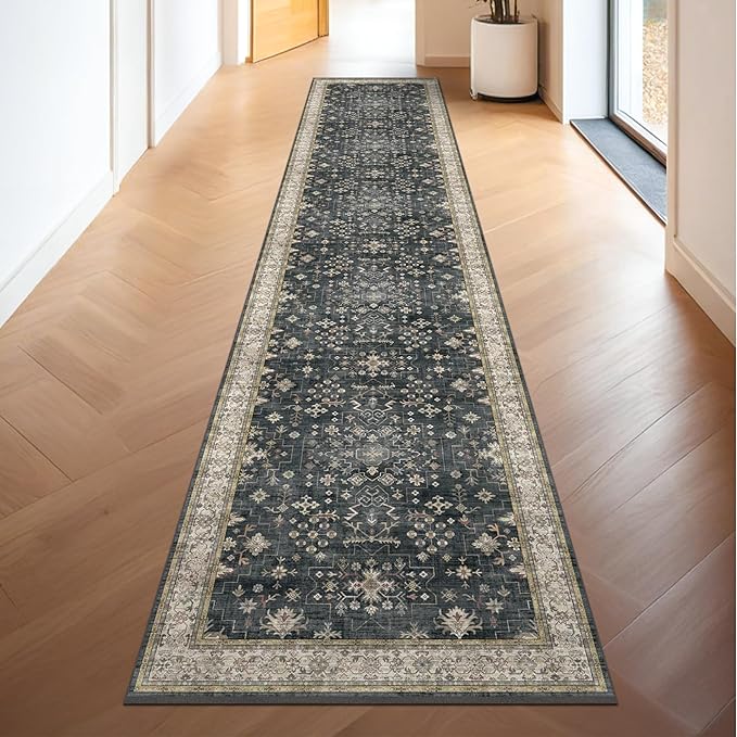 Black Boho Washable 3x16 Extra Long Runner Rug for Hallway, Waterproof Large Kitchen Floor Rug, Non-Slip Stain & Fade Resistant, Vintage Floral Decor