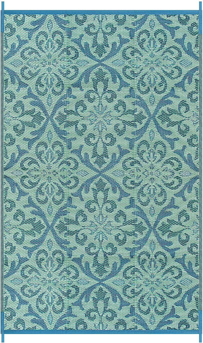 Lahome Waterproof Outdoor Rug 6x9 ft, Reversible Plastic Straw Patio Rug for Camping, RV Mat Outside, Indoor Outdoor Carpet for Porch Deck Backyard Camper Picnic, Light Blue and Green 6x9