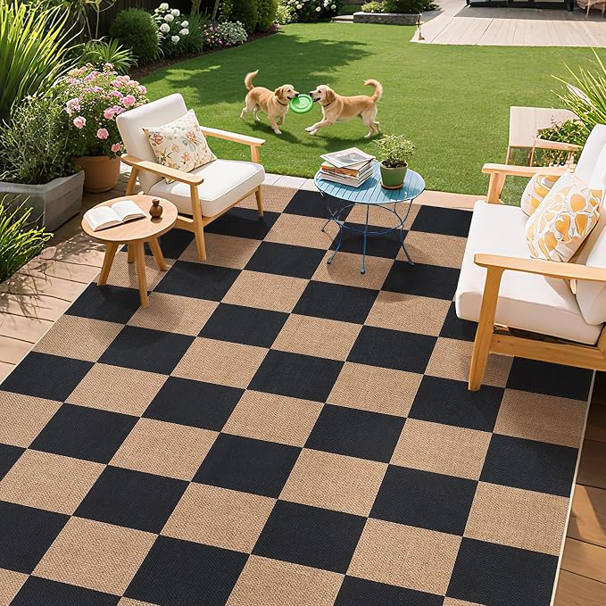 GarveeHome Easy Jute Area Rugs 6x9 for Living Room Non-Slip Backing Checkered Rugs Machine Washable Modern Indoor Outdoor Carpets for Dining Room Nursery Patio Bedroom Backyard Camping Black Tan