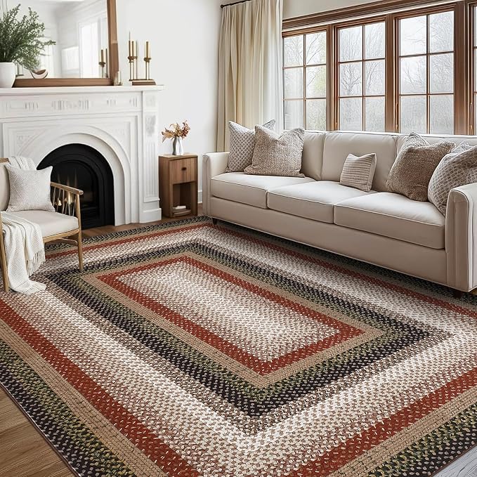RUGSREAL Large Living Room Area Rug 10x13 Braided Washable Rug Non Slip | Bedroom Carpet Stain Resistant Dining Room Braid Printed Farmhouse Accent Throw Rug for Home Decor Office, Crimson/Earthy