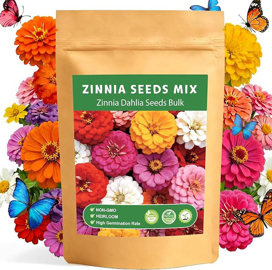LUOJIBIE Zinnia Seeds for 2026, 10,000+ California Giant Zinnia Seeds Bulk, Double Dahlia Zinnia Mixed Color Seeds, Flower Seeds for Planting Outdoor Garden, Non-GMO Heirloom, Easy to Grow