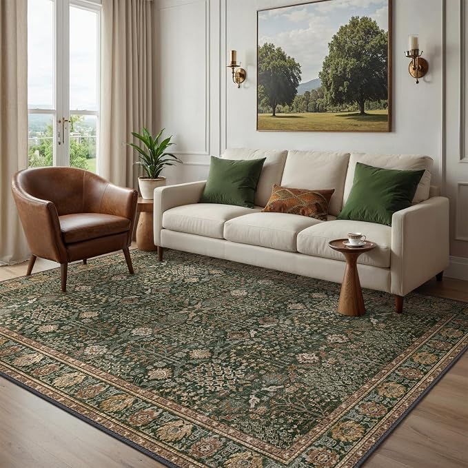 6x9 Washable Area Rug for Living Room, Non Slip, Dark Green Brown | Vintage Floral, Spill Resistant, Lightweight Ultra-Thin Carpet for Bedroom, Dining Room and Office