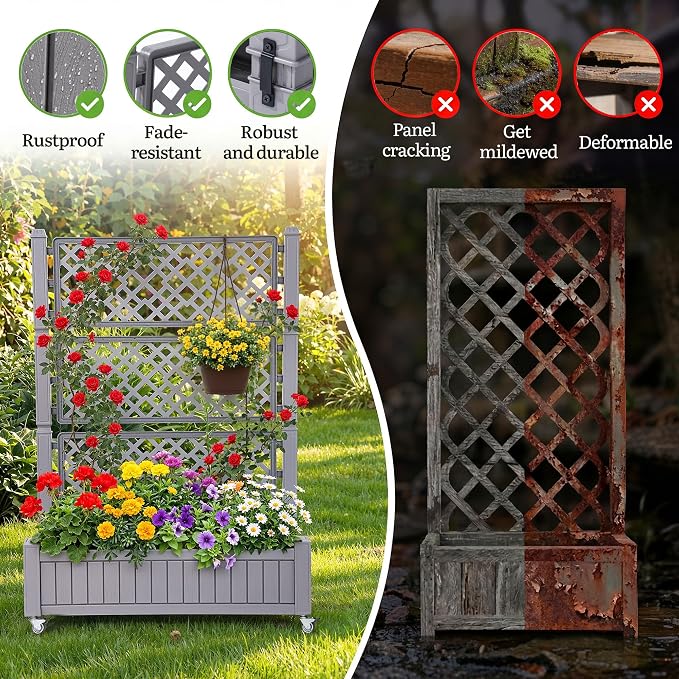 YITAHOME 3.6x1.5x5 FT Planter Box Trellis with Wheels, Large Outdoor Plastic Raised Garden Bed with Drain Plug for Climbing Plants, Light Brown