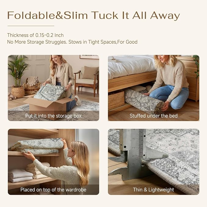 Gray 5x7 Washable Area Rug Living Room Vintage Oriental Carpet | Soft Low Pile, Non Slip, Stain Resistant, Floral Medallion, Retro Indoor Decor for Bedroom, Dining Room, Kids Room, Office