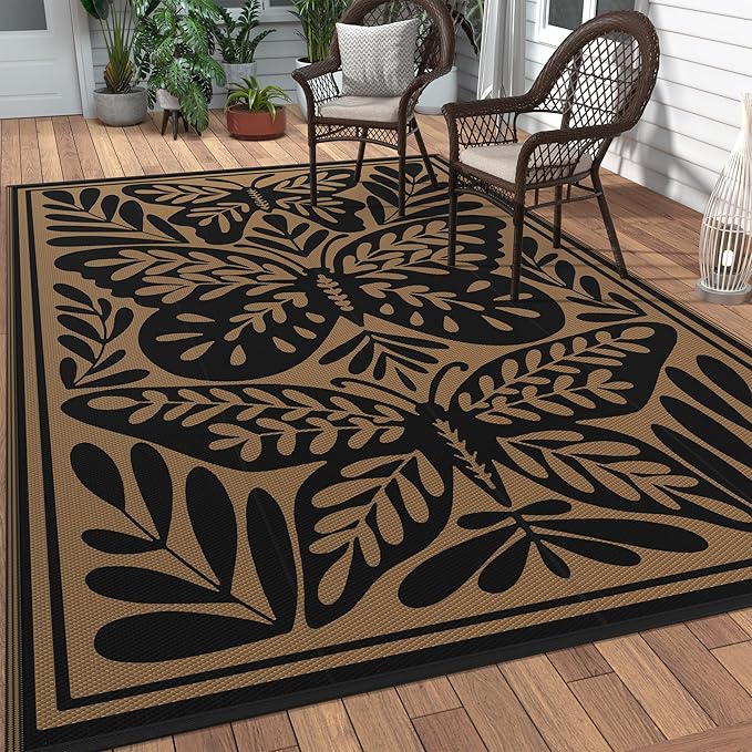GENIMO Outdoor Rug 6' x 9' Waterproof for Patio Clearance, Reversible Plastic Straw Camping Mat, Lightweight Carpet for Rv, Camper, Deck, Porch, Picnic, Balcony, Beach, Jet Black & Brown