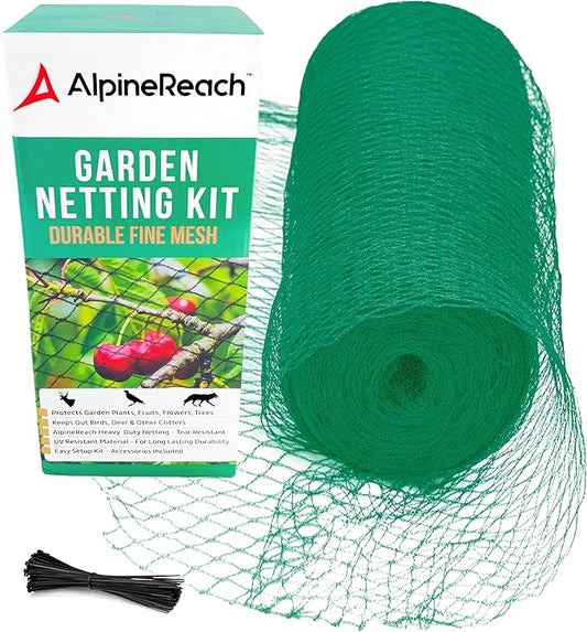 AlpineReach Garden Netting 15 x 30 ft Heavy Duty Bird Net, Deer, Plant Protection Extra Strong Woven Mesh, Reusable Kit with Zip Ties, Animal Fencing for Fruits Trees, Green