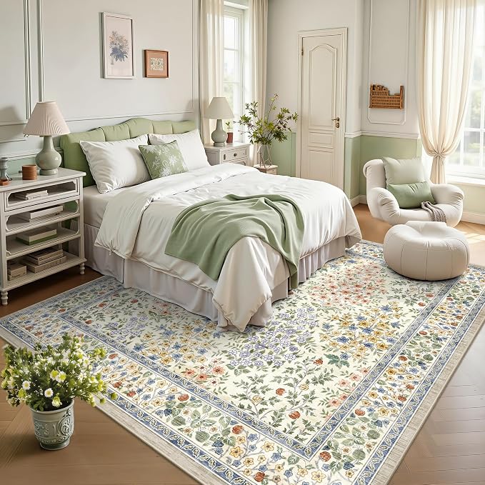 6x6 Square Area Rugs, Machine Washable Low Pile Floral Rugs for Living Room, Bedroom, Large Boho Area Rug with Non-Slip Backing for Dining Room(Beige Floral)