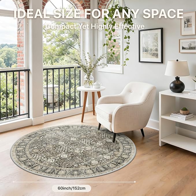 5 Ft Washable Round Area Rug Non Slip for Living Room, Beige/Brown | Vintage Floral Distressed Rug, Low Pile Lightweight Carpet for Bedroom, Nursery, Kitchen and Home Decor
