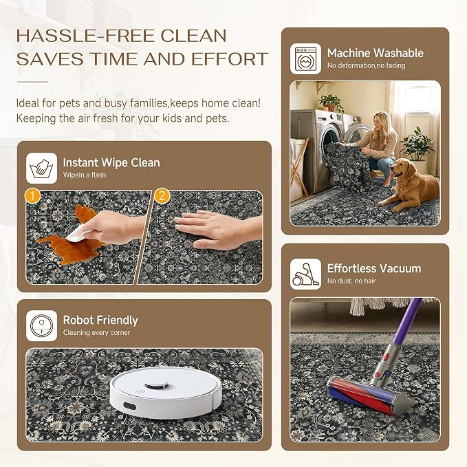 HUGEAR 6x9 Machine Washable Rugs Black Beige Hallway Large Area Rug Indoor Accent Rug Floral Low Pile Carpet Soft Throw Aesthetic Rug Bedroom Living Room Office Dining Room Laundry Room
