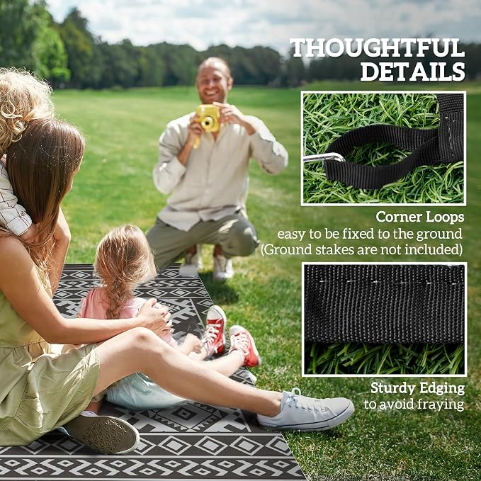 Outsunny Outdoor Rug for Patio, 9' x 18' Waterproof Large Mat, Reversible Plastic Straw Rug for Decor, Portable Outside RV Camping Area Carpet Mat for Backyard Porch Deck Picnic, Black & Gray Rhombus