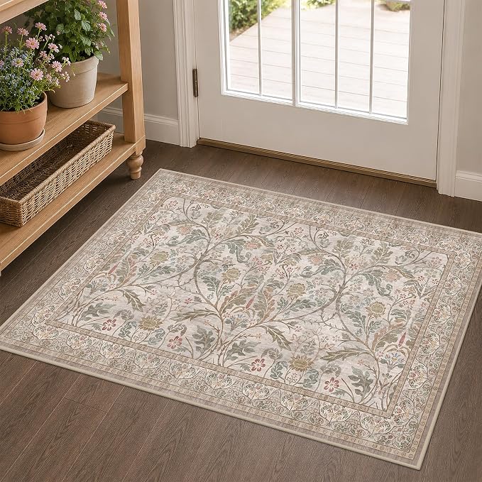 Moss Green Washable Entry Rugs 2x3, Indoor Door mat, Throw Small Rug for Entryway Bathroom Kitchen, Vintage Floral Low Pile Soft Stain Resistant Carpet