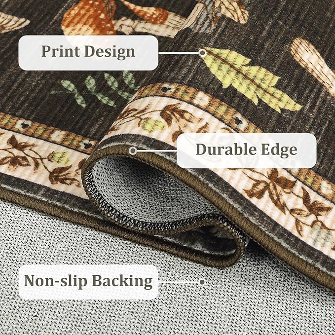 Mushroom Insect 4ft Round Rug Washable Non-Slip Soft Ultra-Thin Small Boho Circle Carpet for Entryway Kitchen Bedroom Nursery Dining Room Brown
