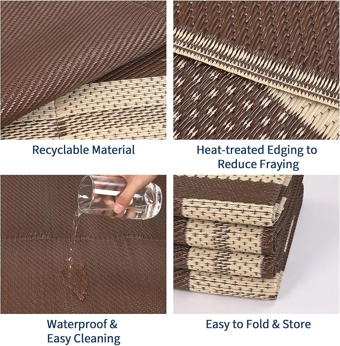 Garvee 8x10 Outdoor Rug Waterproof Plastic Straw Rug Outdoor Patio Rugs Reversible Mat Easy Clean Foldable Lightweight Large Area Rugs for Patio Porch Backyard Camping RV Beach Balcony Panel Coffee