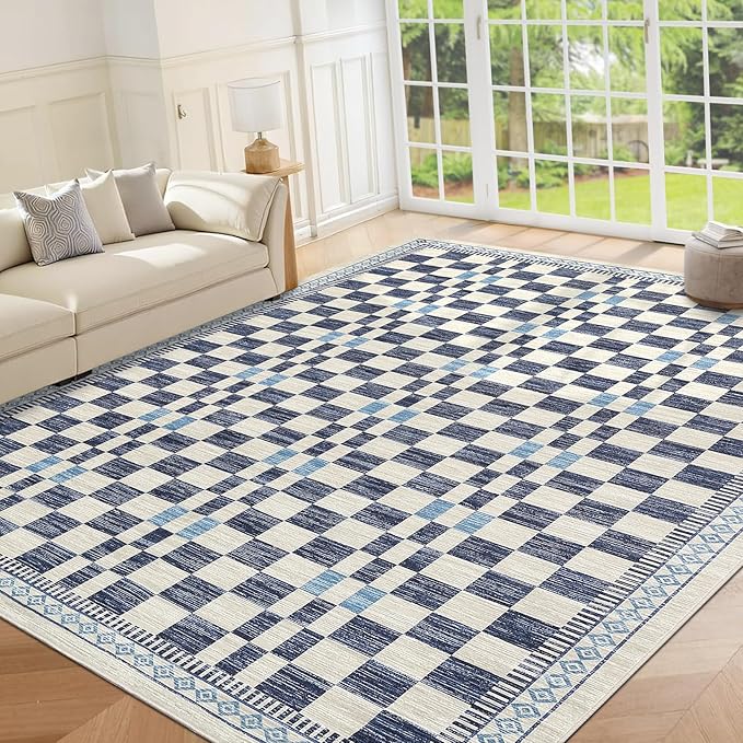 GarveeHome Washable 4x6 Area Rug for Baby Room Modern Abstract Checkered | Non-Slip Low Pile Kitchen Carpet Stain-Resistant No-Shedding High Traffic Area Rug for Dorm Home Dining Office Decor Blue