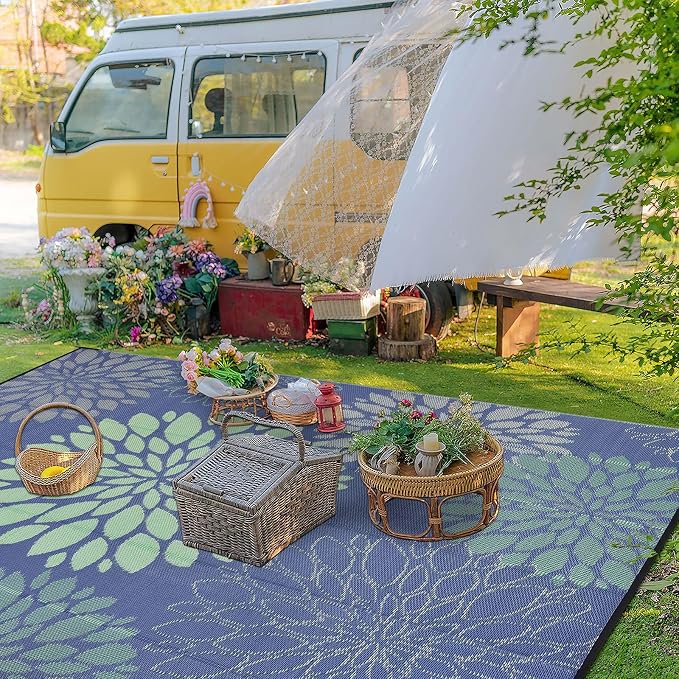 Ileading Waterproof Outdoor Rug 8x10, Reversible Plastic Straw Patio Rug, Portable Indoor Outdoor RV Camping Mat Carpet for Deck, Porch, Balcony, Backyard, Picnic, Floral Navy Blue