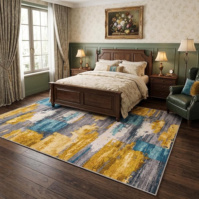 8x10 Blue and Gold Abstract Brushstroke Area Rug for Living Room | Soft Low-Pile Machine-Washable Rug with Non-Slip Backing for Bedrooms, Dining Rooms and Home Offices, Designed for Easy Care