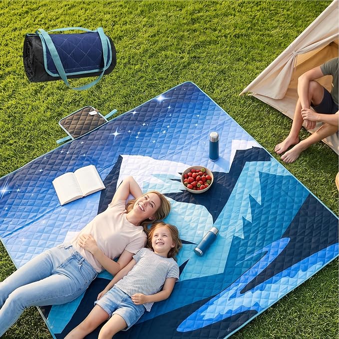 Tirrinia Picnic Blanket Waterproof, 70"x80" Extra Large Outdoor Blanket Waterproof, 3-Layer Foldable Picnic Mat with Sandproof Backing for Beach, Camping, Hiking, Park, Travel