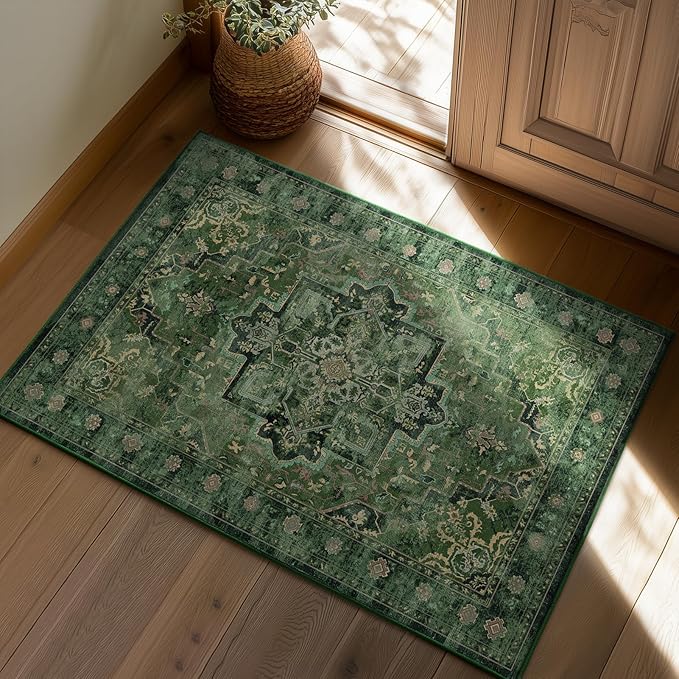 Tranditional Dark Green 2x3 Kitchen Rugs Washable Non Slip, Vintage Boho Distressed Medallion Door Mat Indoor Entrance Entryway, Small Low Pile Rugs for Bedroom/Bathroom Vanity/Laundry Room