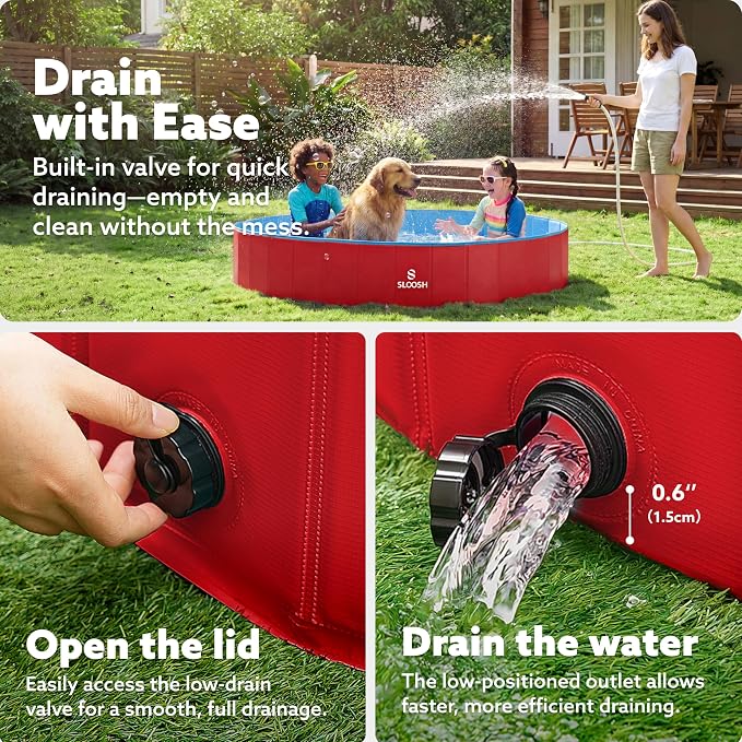 SLOOSH Foldable Dog Kiddie Pool - Portable Hard Plastic Doggie Swimming Pool, Anti-Slip Collapsible Pets Bath Tub Suitable for Kids Toddler Indoor Outdoor Backyard Use (Red, 63" x 12")