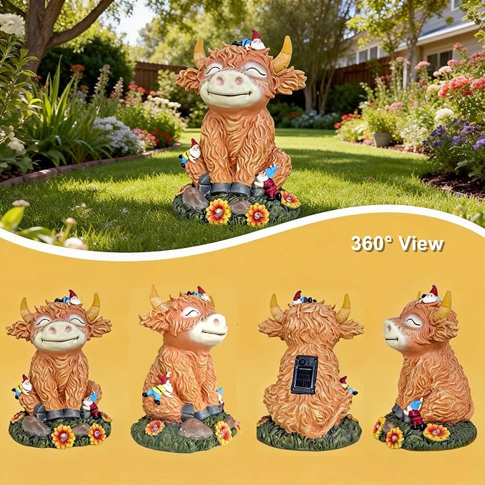 Solar Highland Cow Garden Statue with Funny Gnomes | LED Lights, Outdoor Decor, Yard Art, Gift for Mom & Grandma