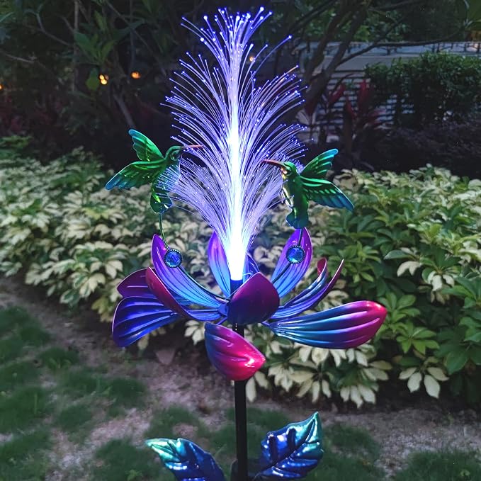 Solar Hummingbird Wind Spinners, Solar Firework Lights Garden Décor, Metal Lotus Flower Windmill Colour Changing Optical Fiber Lights Yard Decoration, Outdoor Wind Sculpture for Lawn Patio,Balcony