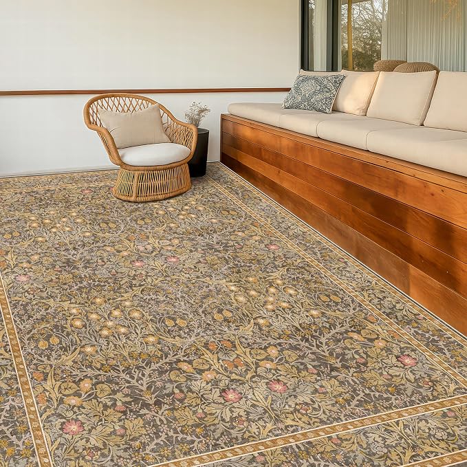 Washable Living Room Rug 6x9 - Brown Oriental Area Rug for Bedroom, Dining Room Rug for Under Table, Low Pile Non-Slip Floor Carpet for Home Office, Study Room - Vintage Design & Stain Resistance