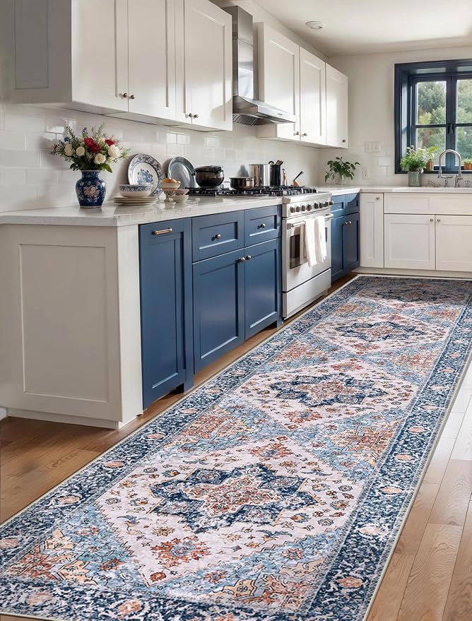 SERISSA 3x12 Washable Non Slip Boho Runner Rug for Hallway，Blue Orange | Ultra Soft Vintage Oriental Carpet Low-Pile Tribal Floor Carpet for Stair Kitchen Bedroom Bathroom Laundry Room