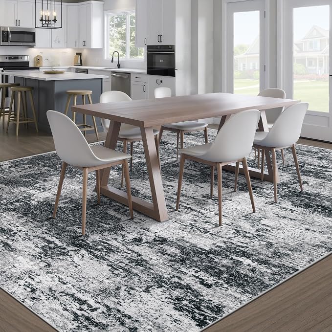 pmtsns Area Rugs 10x14 Living Room: Washable Rug Modern Abstract Neutral Soft Non-Slip Low-Pile Indoor Large Carpet for Bedroom Dining Room Playroom Home Office (Black Grey, 10'x14')