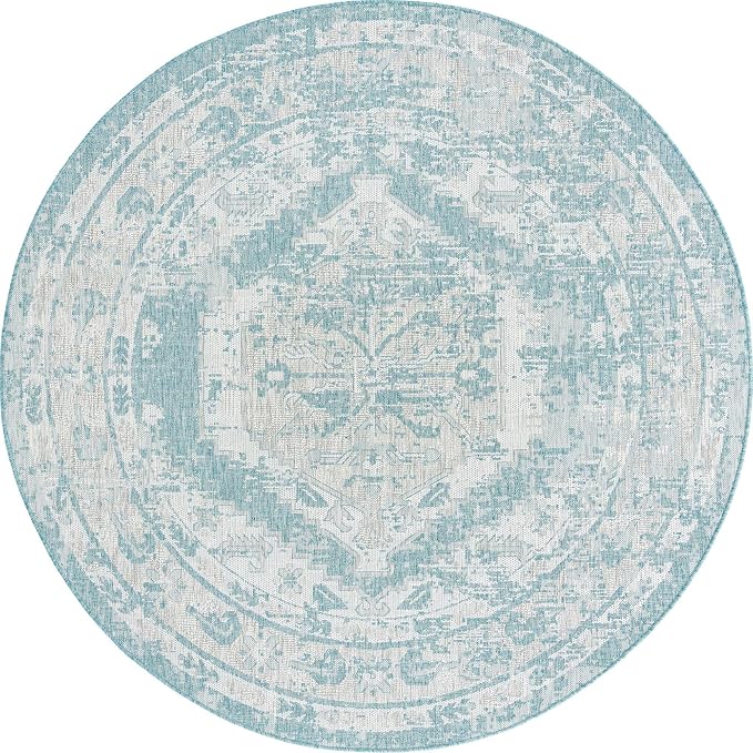 Unique Loom Outdoor Traditional Collection Area Rug - Valeria (7' 10" Round, Aqua/ Ivory)