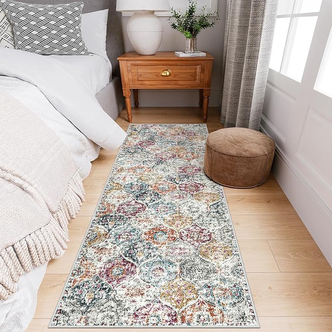 Lahome Moroccan Hallway Runner Rug, 2x6 Kitchen Runner Rugs Washable | Bthroom Non Skid Trellis Vintage Laundry Room Rug Ultra-Thin Carpet for Bathroom Bedroom Entryway Elise,Aqua/Multi