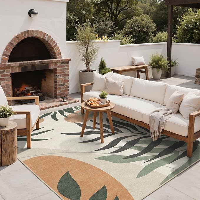 GENIMO Outdoor & Indoor Area Rug 5'x8', Waterproof, Non-Shedding, Easy Cleaning, Leaf Mat for Patio, Living Room, Balcony, Dining Room, RV, Deck, Bedroom, Camping, Outside Carpet, Beige Grey