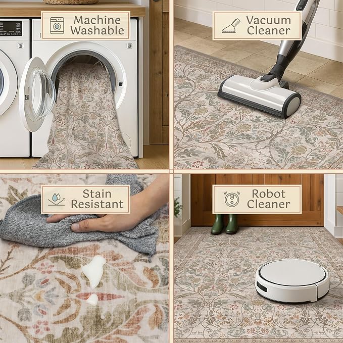Moss Green Washable Entry Rugs 2x3, Indoor Door mat, Throw Small Rug for Entryway Bathroom Kitchen, Vintage Floral Low Pile Soft Stain Resistant Carpet