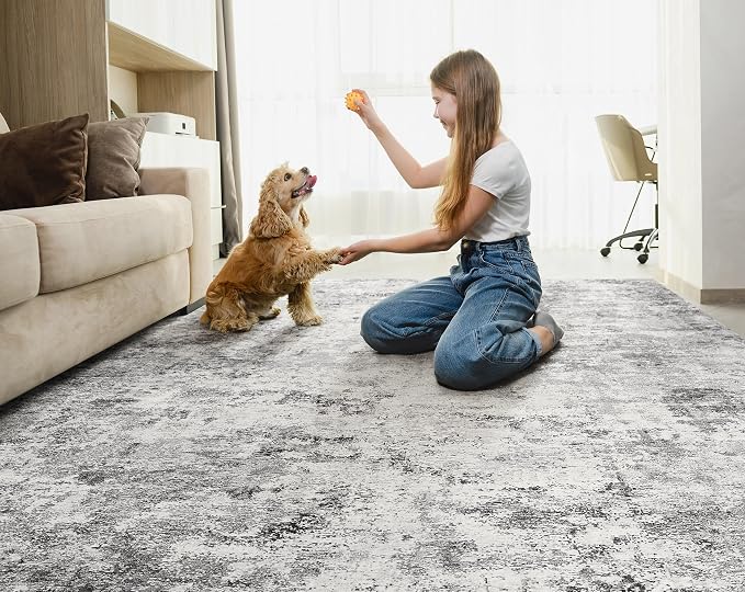 UERMEI 9x12 Area Rug Living Room Rugs - Washable Neutral Modern Abstract Soft Thin Large Rug Indoor Floor No Slip Rug Carpet for Bedroom Under Dining Table Home Office Decor - Grey
