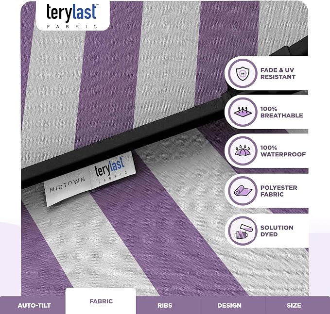 Midtown Umbrellas - 10-Year-No-Fade 9 Ft Patio Umbrella with Terylast Fabric, Auto-Tilt Aluminum Frame and 8 Reinforced Ribs for Deck, Pool, Garden & Beach - Purple Stripe Canopy, Black Pole