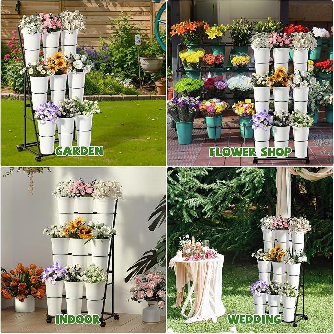 Invech Flower Display Stand with 9 Buckets and Wheels, 3 Tier Flower Cart Display Stand for Indoor Outdoor Garden, Wedding, Flower Shop (Black)