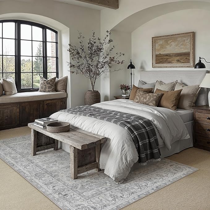 Gray 5x7 Washable Area Rug Bedroom Vintage Distressed Carpet | Soft Low Pile, Non Slip, Stain Resistant, Large for Dining Room, Living Room, Office, Kids Room, Retro Accent Decor