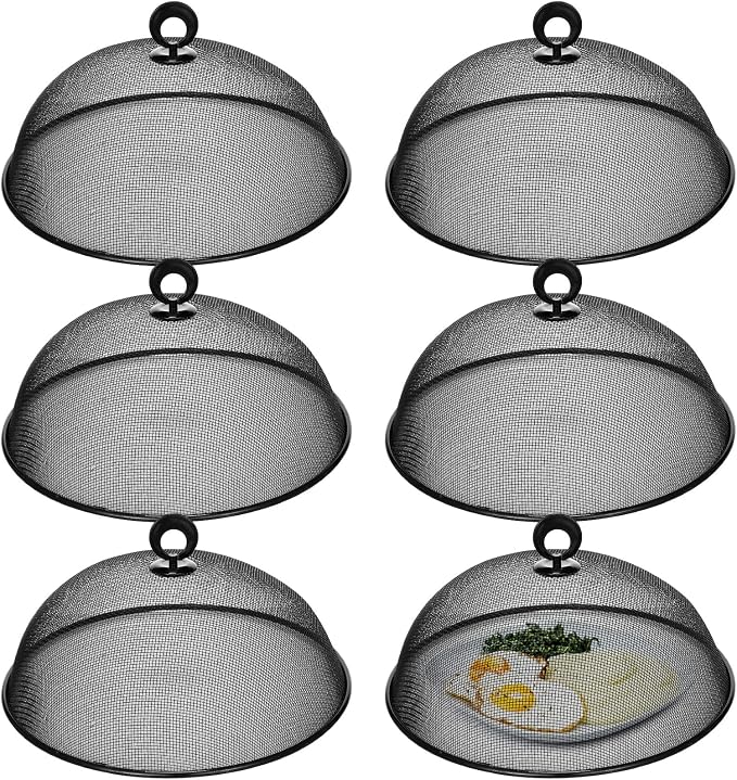 Gerrii 6 Pcs Metal Mesh Food Cover Outdoor Mesh Food Tents Dome Screen Plate Covers for Dinner Plates Reusable Fruit Fly Nets Picnic Umbrella for Table, BBQ, Camping, Party(Black,11 Inch)