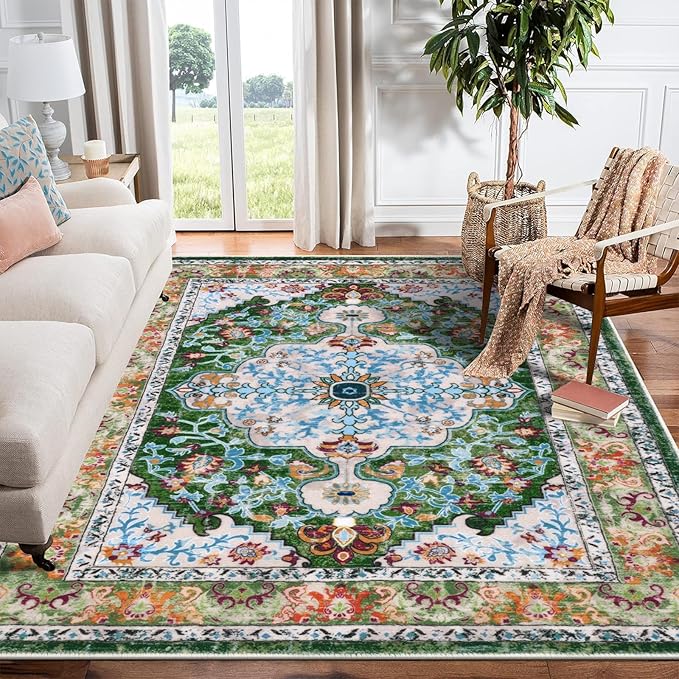 U'Artlines Boho Vintage Area Rug 6x9 Machine Washable Carpet, Green | Low Pile, Non Slip, Ultra-Thin Soft Floor Carpet, Accent Rug for Living Room Bedroom Dining Room Office