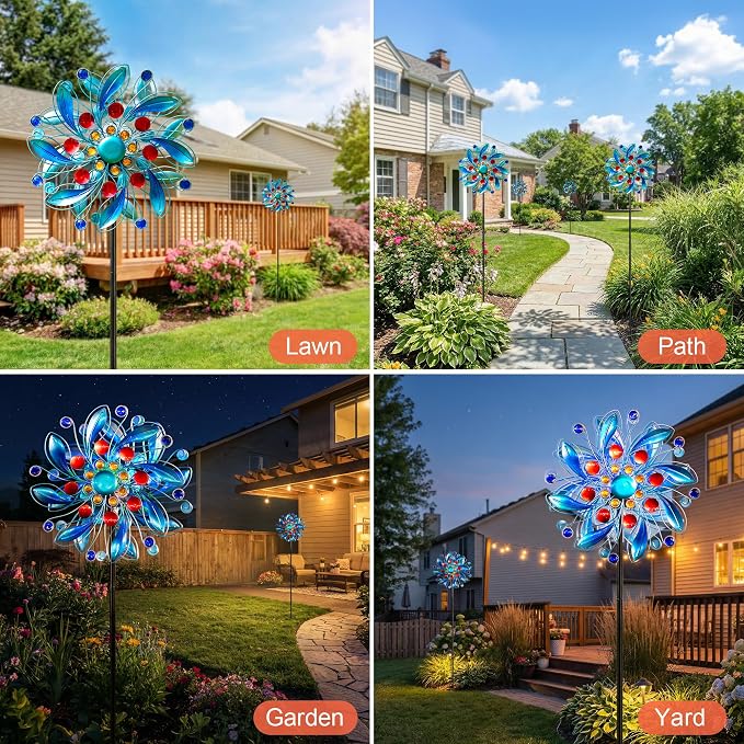 Solar Wind Spinner with Glass Ball - Lighted Kinetic Metal Yard Art with Jeweled Accents - Vibrant Blue Floral Windmill Outdoor Garden Decor for Patio, Lawn, and Pathway