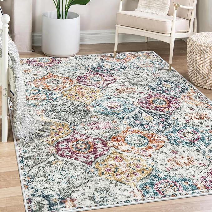 Lahome Moroccan Small Washable Area Rug, 3x5 Rug for Bedroom Living Room | Trellis Non-Slip Oriental Accent Throw Carpet for Kitchen Office Entryway Bathroom Office Elise Aqua/Multi