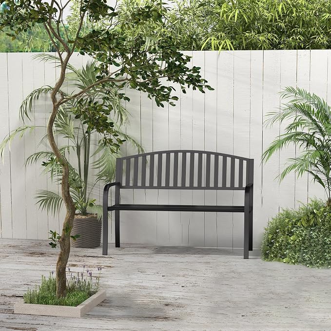 Garden Bench, 50" Outdoor Bench, 660LBS Wrought Iron Porch Bench, Patio Bench with Armrests for Garden Lawn or Yard, Black