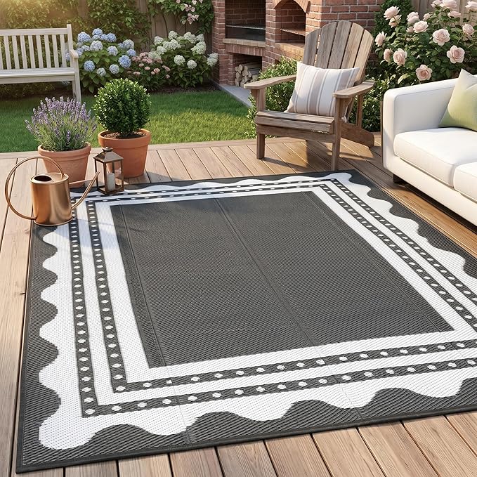 IDEALHOUSE Waterproof Outdoor Rug 8x10 for Patio, Reversible Modern Area Rug, Large Plastic Straw Mat for Camping, RV, Porch, Backyard, Deck, Picnic, Beach, Grey & White