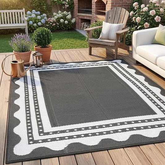 IDEALHOUSE Waterproof Outdoor Rug 8x10 for Patio, Reversible Modern Area Rug, Large Plastic Straw Mat for Camping, RV, Porch, Backyard, Deck, Picnic, Beach, Grey & White