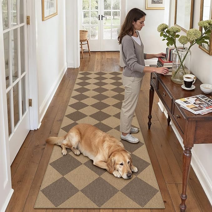 PureCozy 2x8 Checkered Easy Jute Runner Rug Non Slip Hallway Kitchen Washable Outdoor Rug for Entryway Indoor Checkerboard Brown Long Indoor Outdoor Carpet for Bedside Entry Front Door Porch