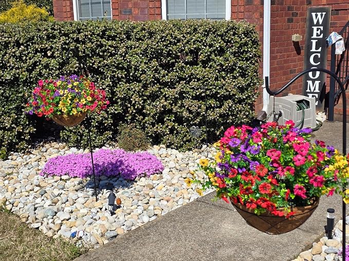 Artificial Faux Hanging Plants Flowers Basket for Summer Autumn, Colorful Daisy Flowers Eucalyptus UV Resistant Look Real for Outdoor Outside Porch Decoration