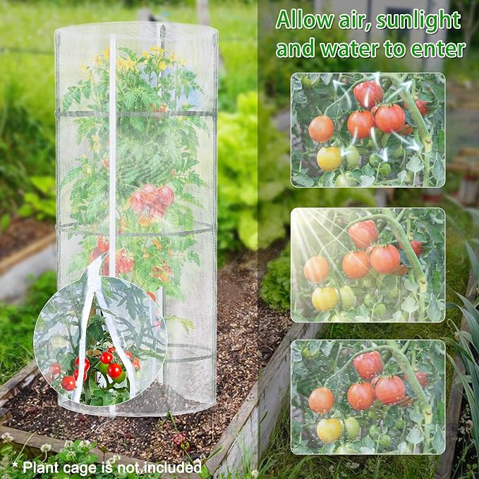 3PCS Garden Netting for Tomato Plants, 57" x 15.7" Round Tomato Cage Bird Netting Plant Cover Insect Barrier Mesh with Zipper, Tomato Trellis Garden Protection Net Cover for Climbing Plants Vegetables
