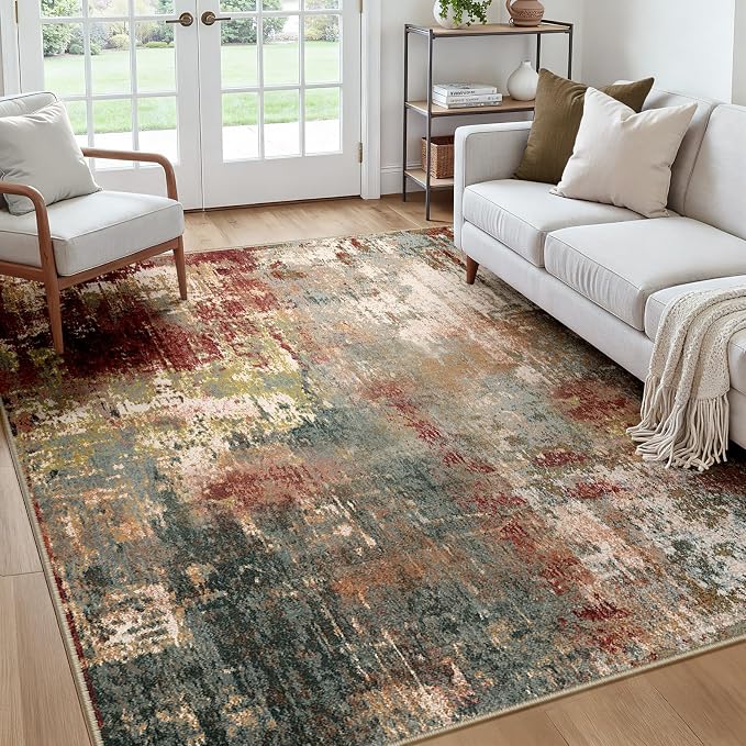 RELEANY Washable Square 7'x7' Area Rug for Living Room Rustic Brown | Carpet for Bedroom, Kitchen, Office, Hallway and Entryway, Printed Pattern, Non‑Slip, Soft, Stain‑Resistant, Easy to Clean