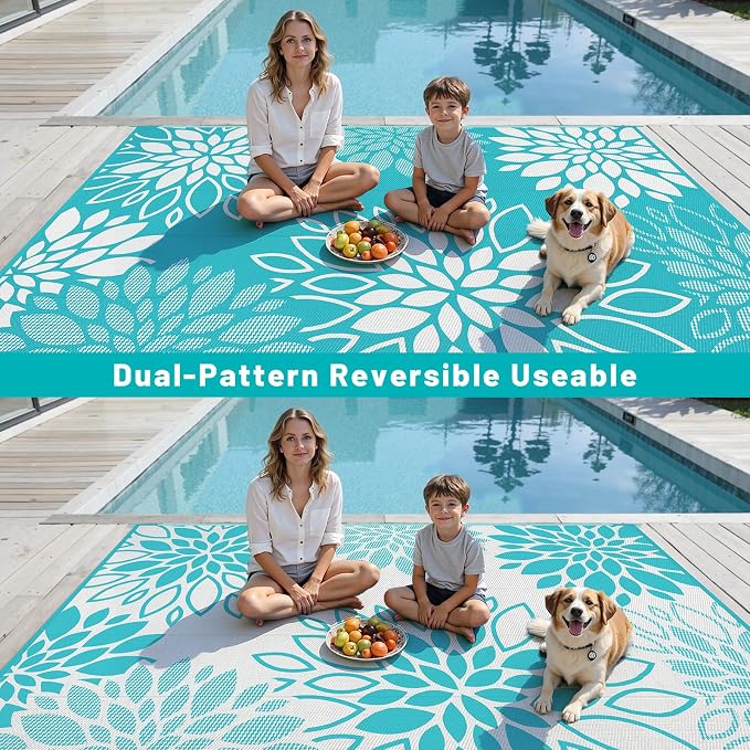 HEBE Waterproof Outdoor Rug 9x12 for Patios, Floral Reversible Plastic Straw Rug Patio Mat, Indoor Outdoor Carpet RV Mat Camping Rug for Deck, Camper, Porch, Balcony, Backyard, Picnic